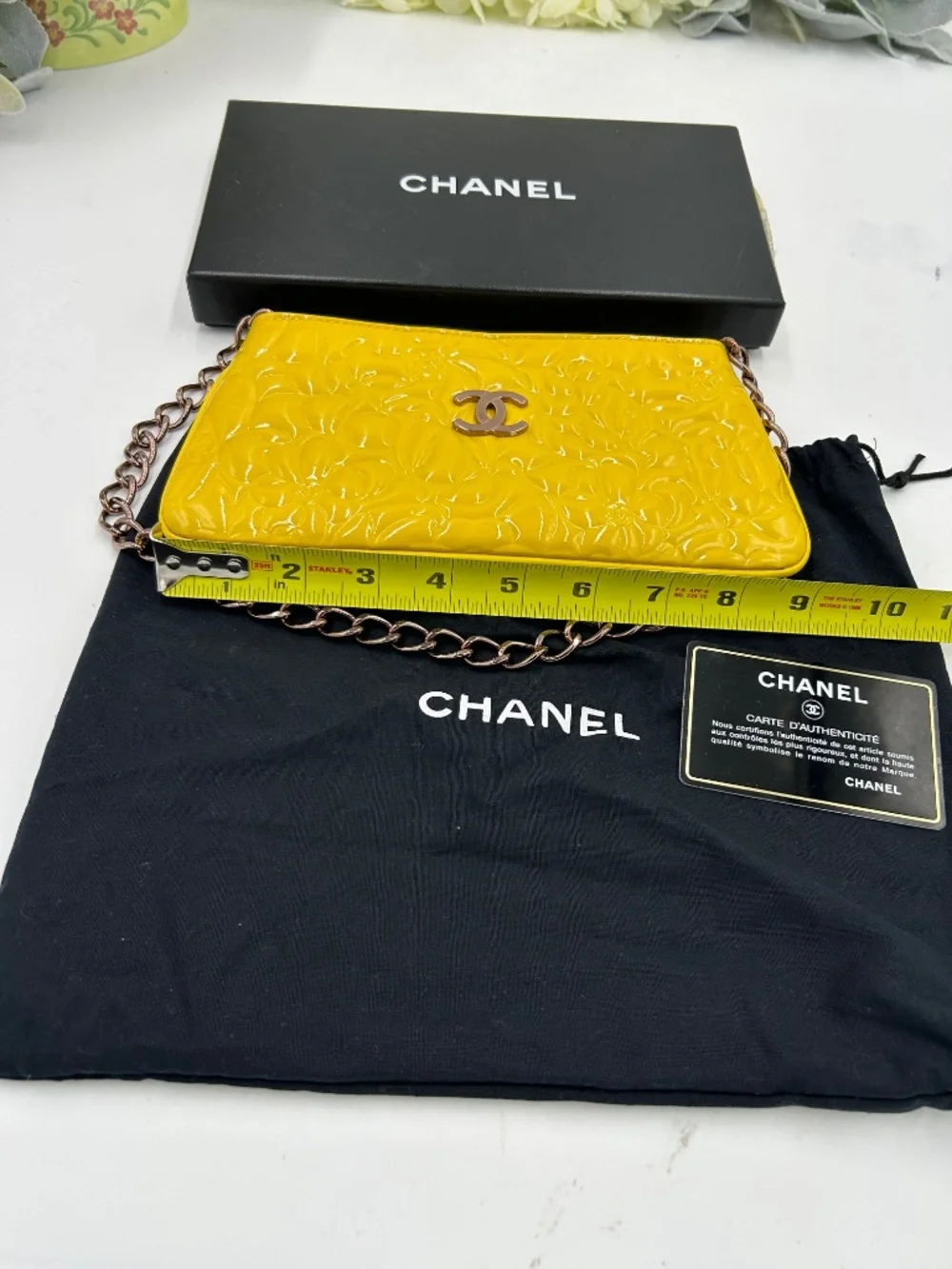 Women’s Chanel Patent Camellia Pochette. Made in Italy.